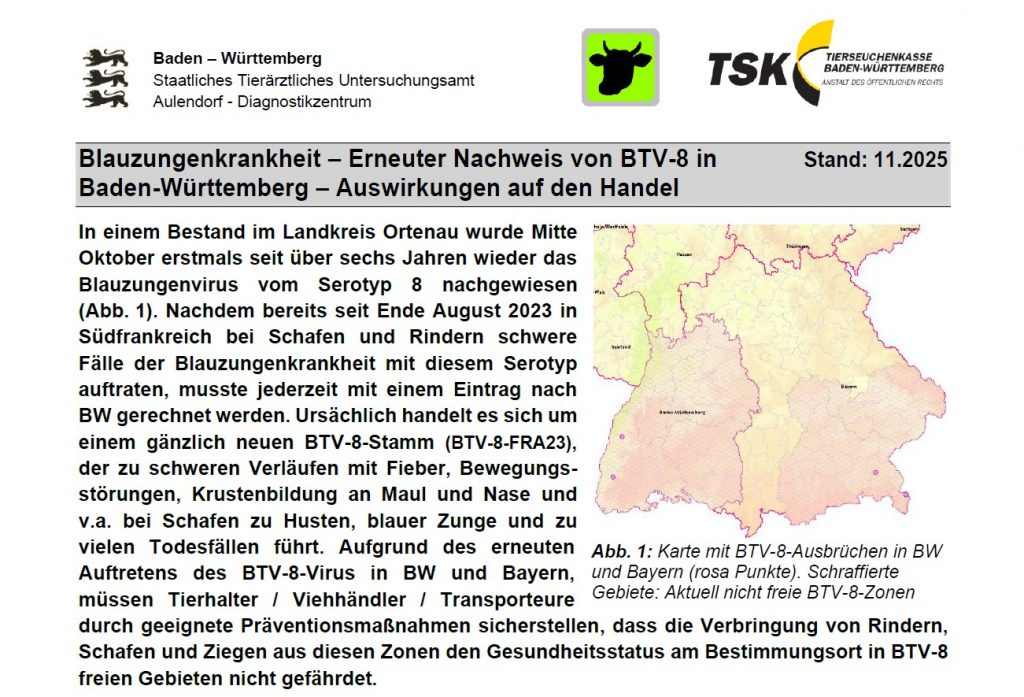 Blauzungenkrankheit – Erneuter Nachweis von BTV-8 in Baden-Württemberg – Auswirkungen auf den Handel