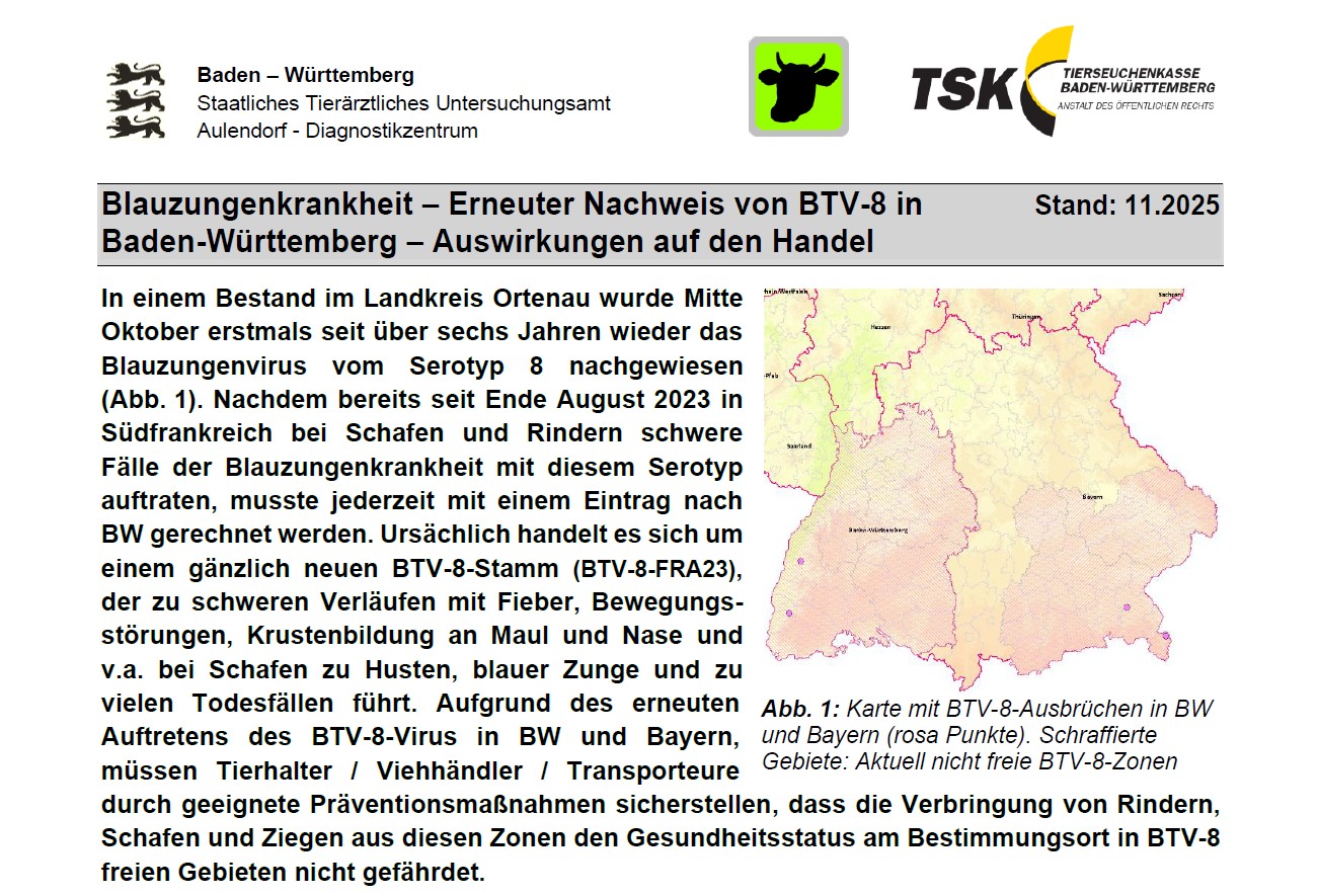 Blauzungenkrankheit – Erneuter Nachweis von BTV-8 in Baden-Württemberg – Auswirkungen auf den Handel Blauzungenkrankheit – Erneuter Nachweis von BTV-8 in Baden-Württemberg – Auswirkungen auf den Handel